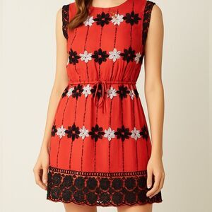 Hazel Floral Embroidered Sleeveless Dress Coral Black White Size Small